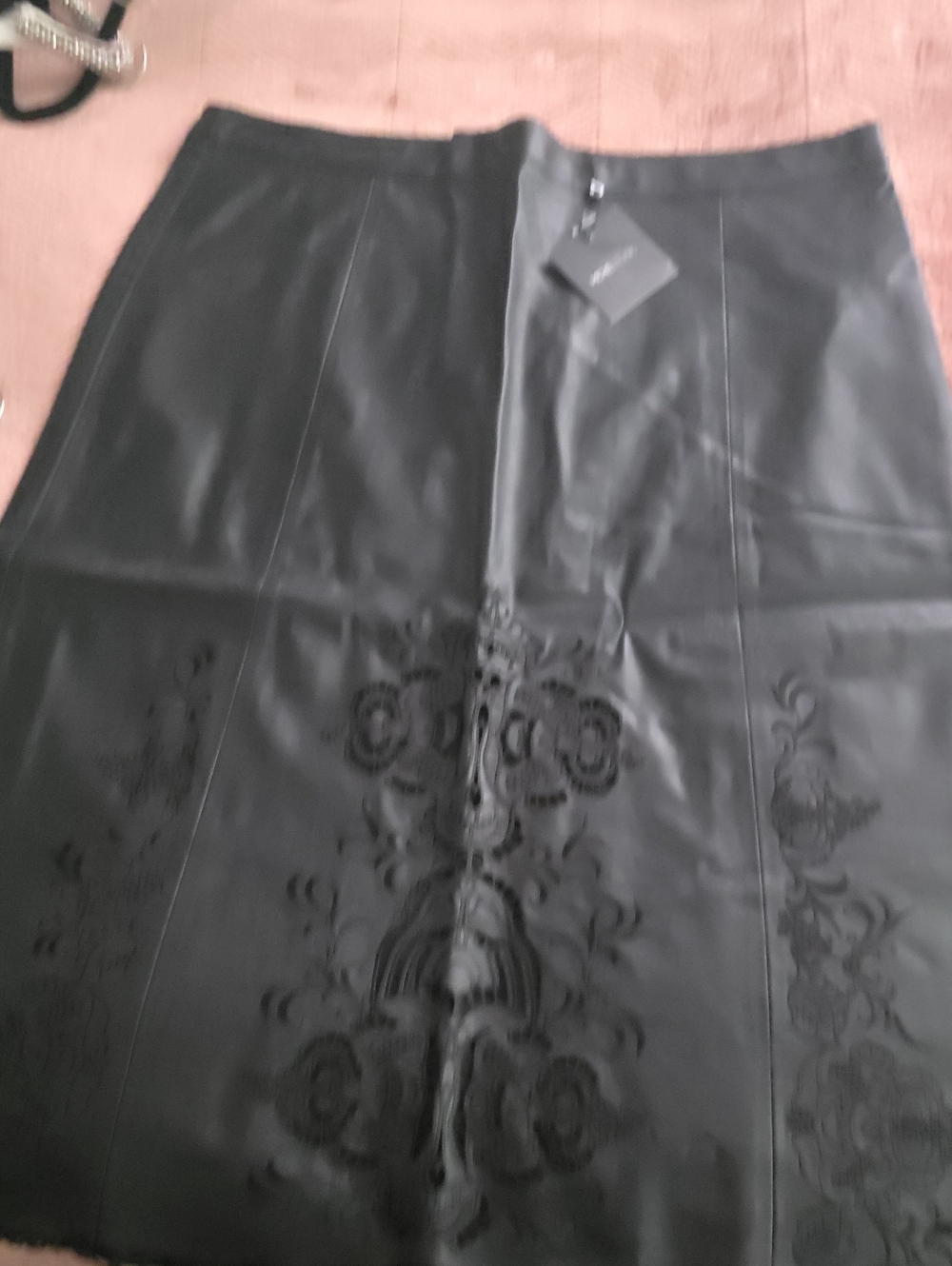 Black Faux Leather A-Line Midi Skirt with Embossed Baroque Detail